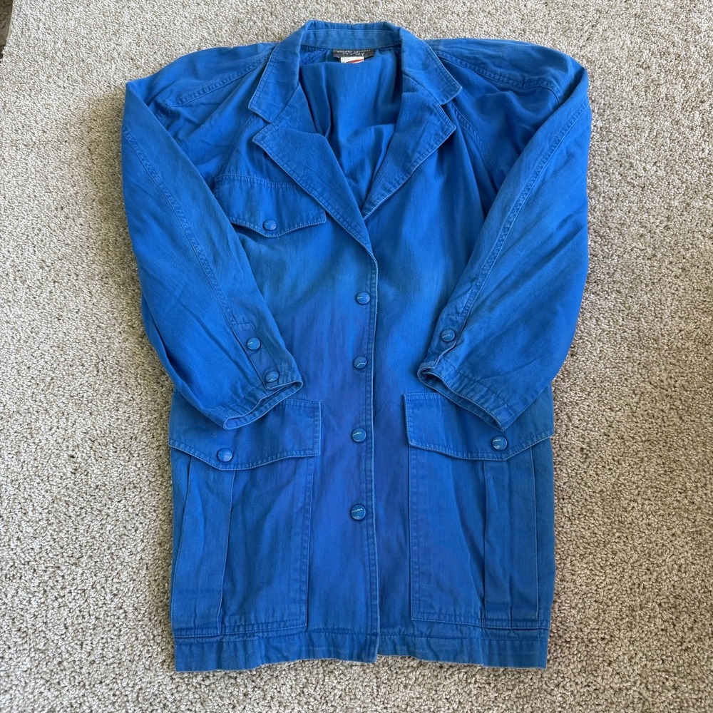Vintage Rhonda Harness Coat Womens 12 Blue Cotton Twill Trench Button Mid Length
